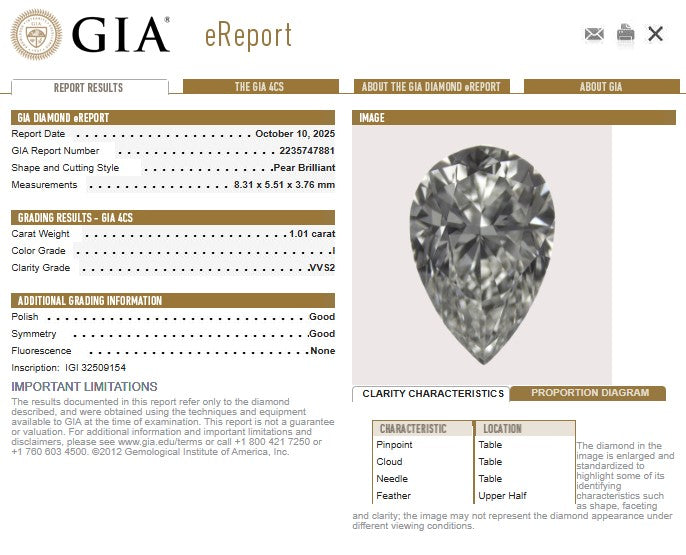 GIA 1.01 CT Pear Diamond, I, VVS2
