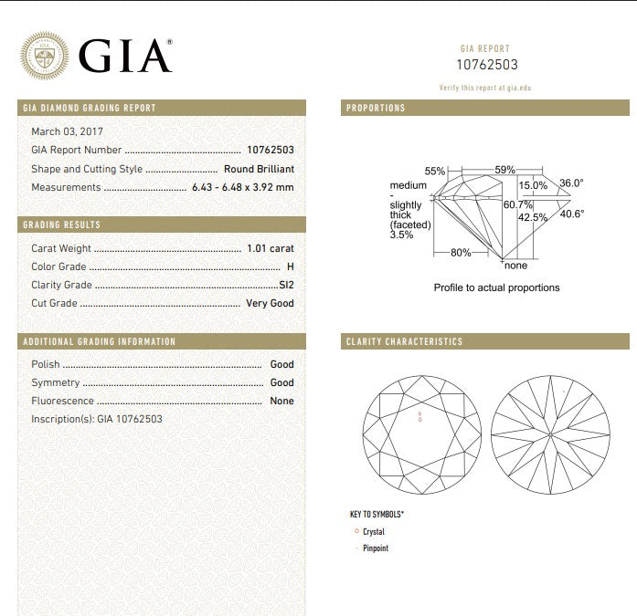 GIA 1.01 CT Round Diamond, H, SI2