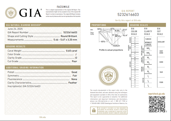 GIA 0.60 CT Natural RB J I2
