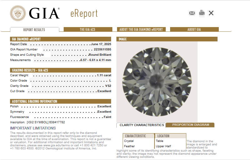 GIA 1.11 Round Brilliant Cut Natural, L, VS2 -59