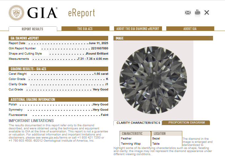 GIA 1.56 Round Brilliant Natural Diamond, K, I1 -55