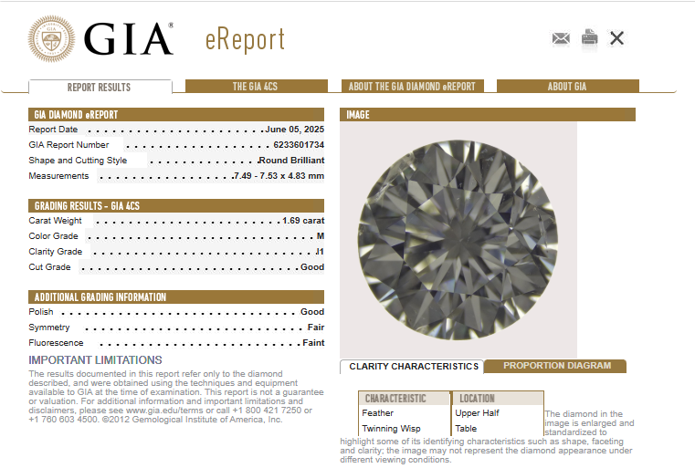 GIA 1.69 Round Brilliant Cut Natural Diamond, M, I1 -60