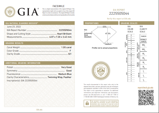 GIA 1.00 CT Heart Diamond, F, SI1 (-67)