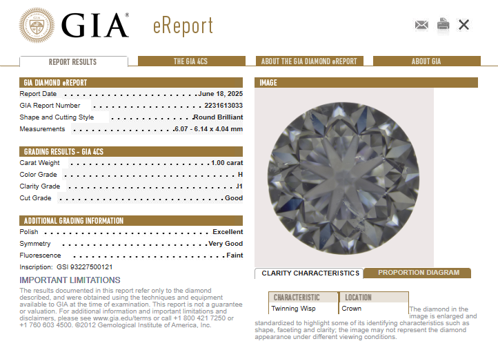 GIA 1.00 CT Natural Round Diamond H I1 -68