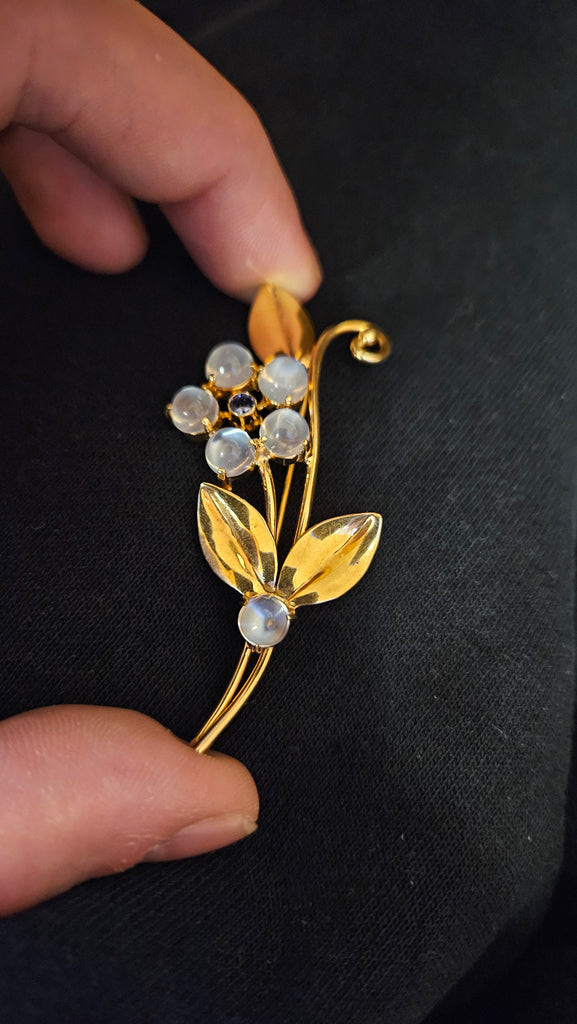 Cat's Eye Moonstone & Sapphire Pin - 9.3g 14k