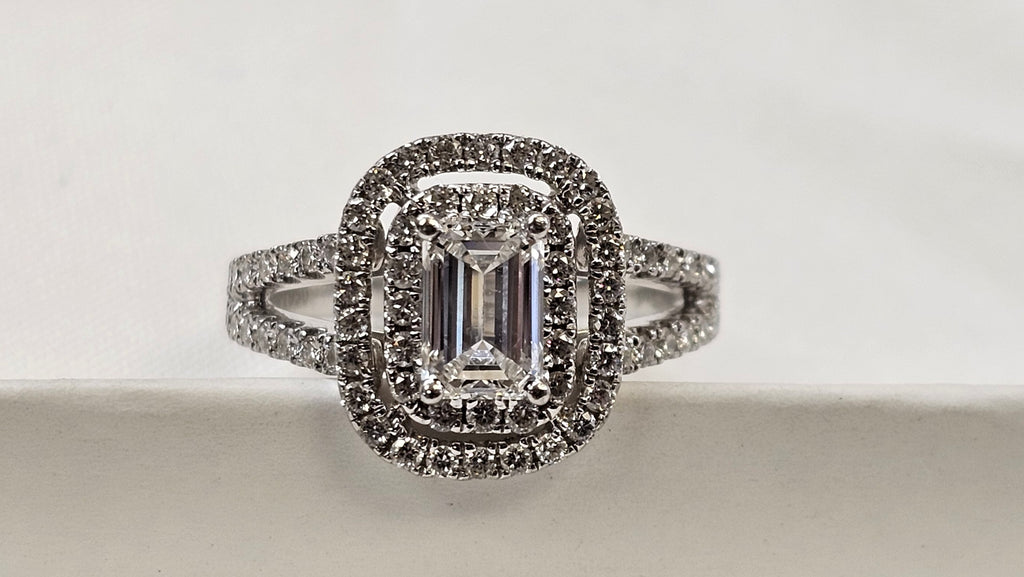 Platinum Halo Ring 1.20 CTW Emerald Cut Center 0.70CT F-G VS1