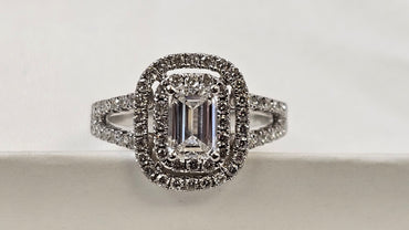 Platinum Halo Ring 1.20 CTW Emerald Cut Center 0.70CT F-G VS1