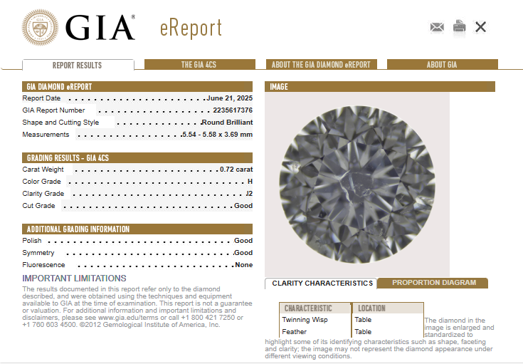 GIA 0.72 CT Round Diamond, H, I2 -65