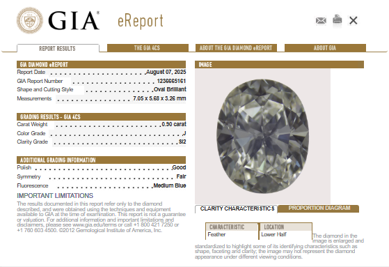 GIA 0.90 CT Natural Oval Diamond, J, SI2 -60