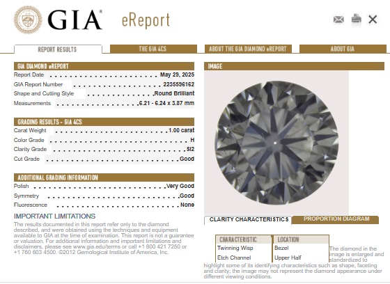 GIA 1.00 CT Round Diamond, H, SI2 (-65)