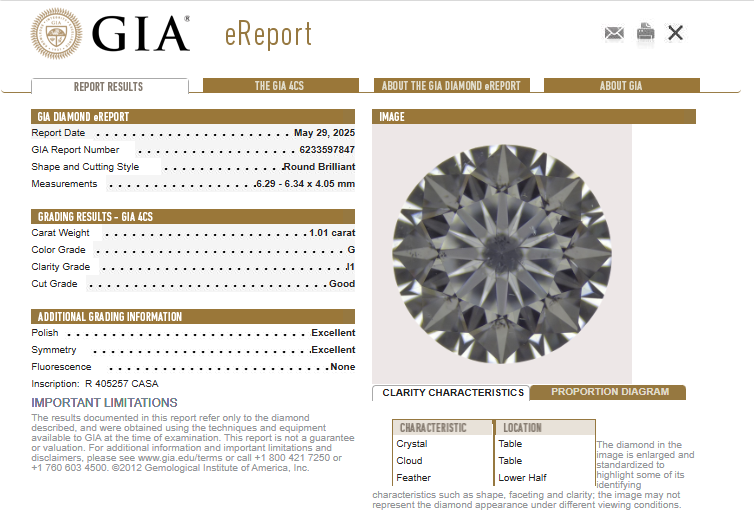 GIA 1.01 CT Round Loose Diamond, G, I1 (-60)