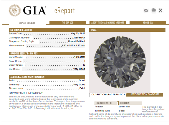 1.29 CT Round Diamond, I, I2 (-63)