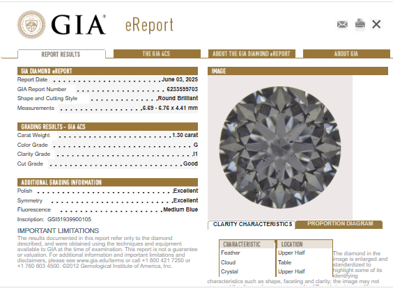 GIA 1.30 CT Round Diamond, G, I1 (-62)
