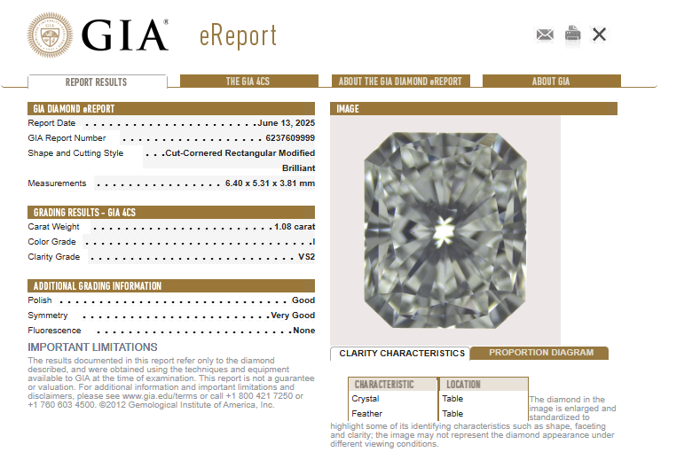 GIA 1.08 Radiant Cut Natural, I, VS2 -67