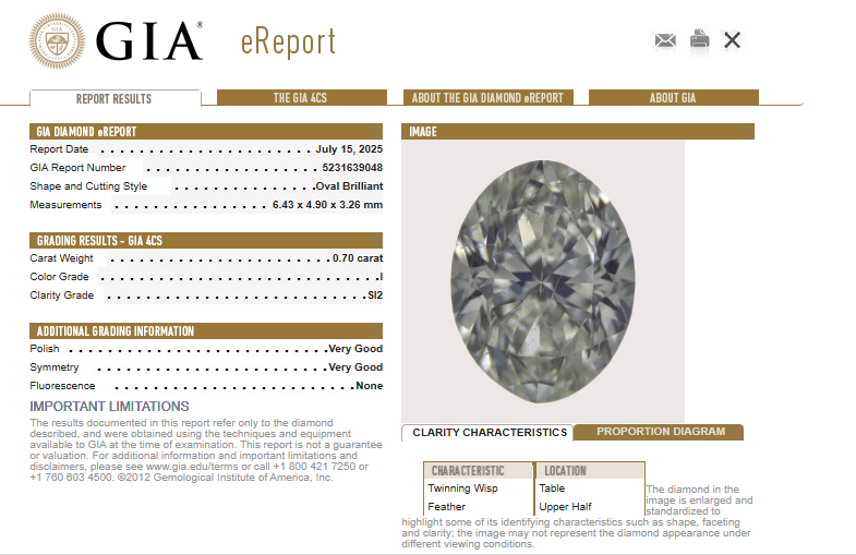 GIA 0.70 CT Natural Oval Diamond, I, SI2 -60