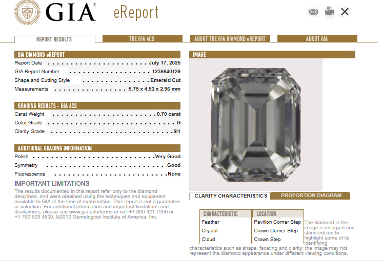 GIA 0.70 CT Natural Emerald Diamond, G, SI1 -67