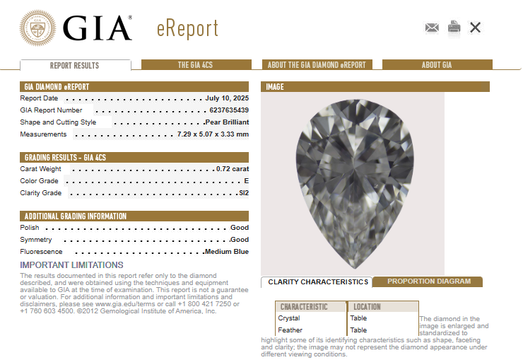 GIA 0.72 CT Natural Pear Diamond, E, SI2 -67