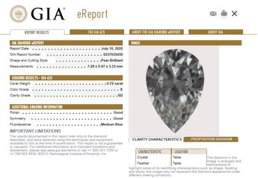 GIA 0.72 CT Natural Pear Diamond, E, SI2 -67