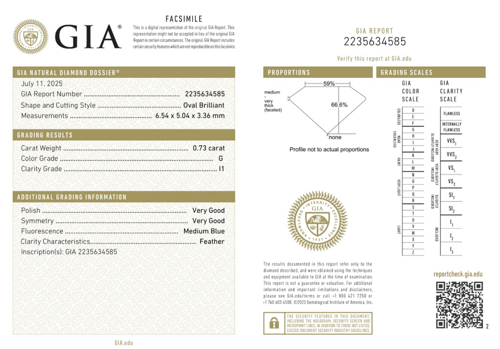 GIA Natural Oval Diamond 0.73 G I1
