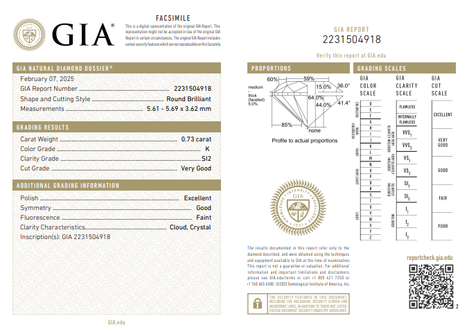 GIA 0.73 Natural Round Brilliant, K SI2