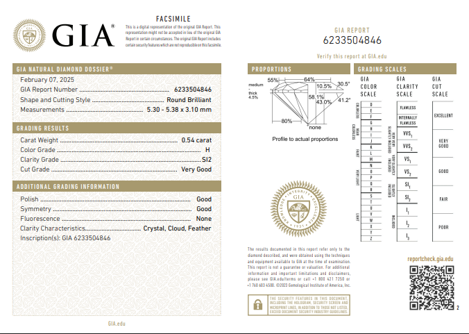 GIA 0.54 Natural Round Brilliant, H SI2