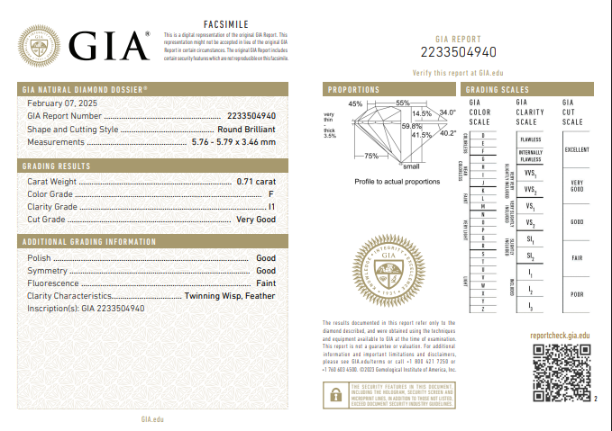 GIA 0.71 Natural Round Brilliant, F I1