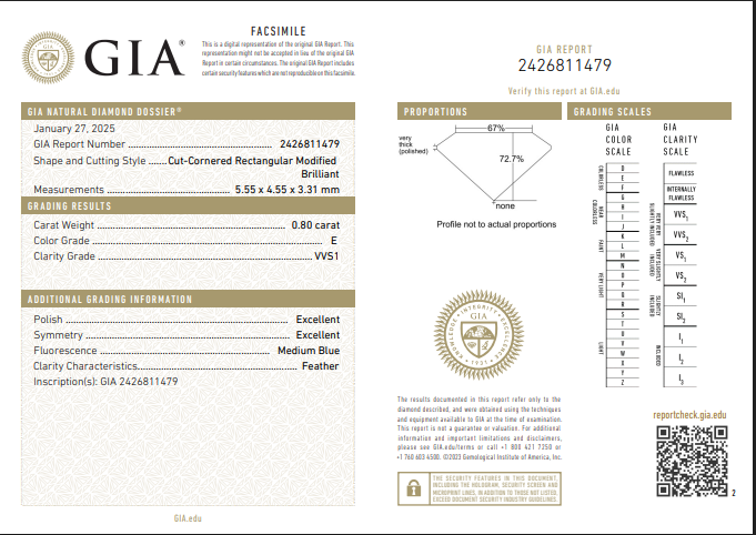 GIA 0.80 CT Natural Radiant, E, VVS1