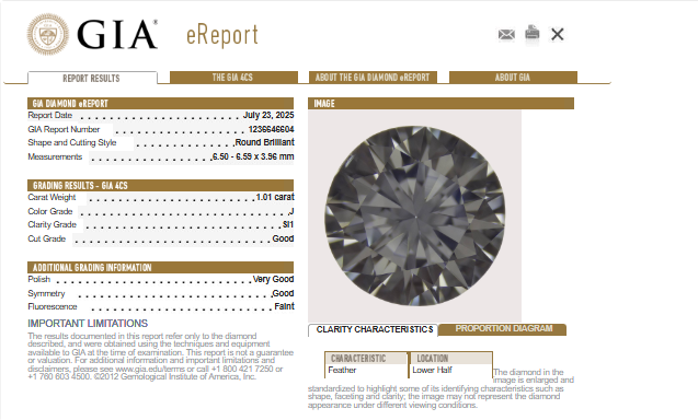 GIA 1.01 CT Round Diamond, J, SI1 -57