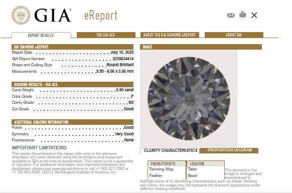 GIA 0.90 CT Natural Round Diamond, F, SI2 -60