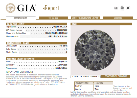 GIA 1.10 CT Natural RB K I2