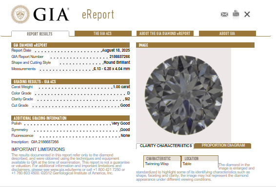 GIA 1.00 CT Natural Round Brilliant D SI2 -65