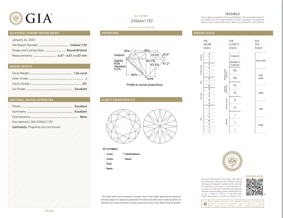 GIA 1.06 CT Natural RB J SI1 EX EX EX