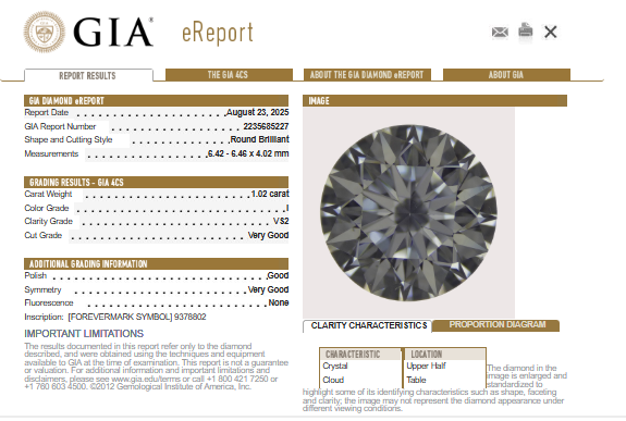 1.02 CT Natural Round Brilliant I VS2 -60