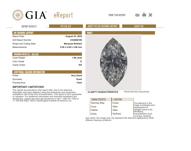 GIA 1.06 CT Marquise Brilliant D SI2