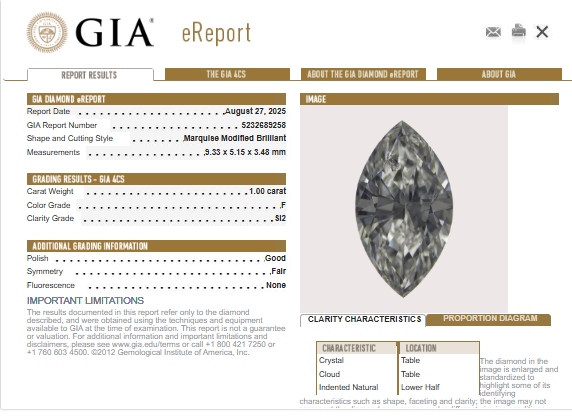 GIA 1.00 CT Marquise Diamond, F, SI2