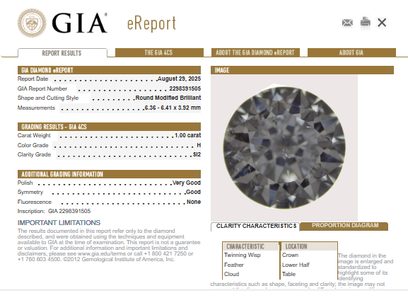 1.00 CT Round Modified Brilliant Diamond, H, SI2