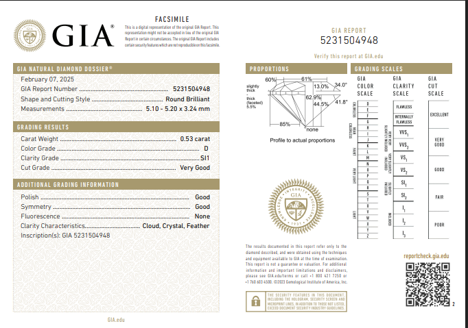 GIA 0.53 CT Natural Round Brilliant D SI1