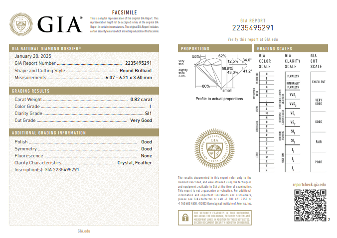 GIA 0.82 CT Natural Round Brilliant I SI1