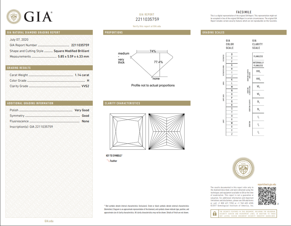 GIA 1.14 CT Natural Princess Cut H VVS2
