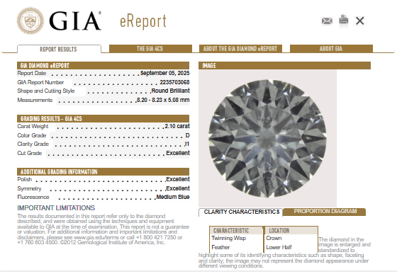 GIA 2.10 CT Natural Round Brilliant D I1  EX EX EX -58