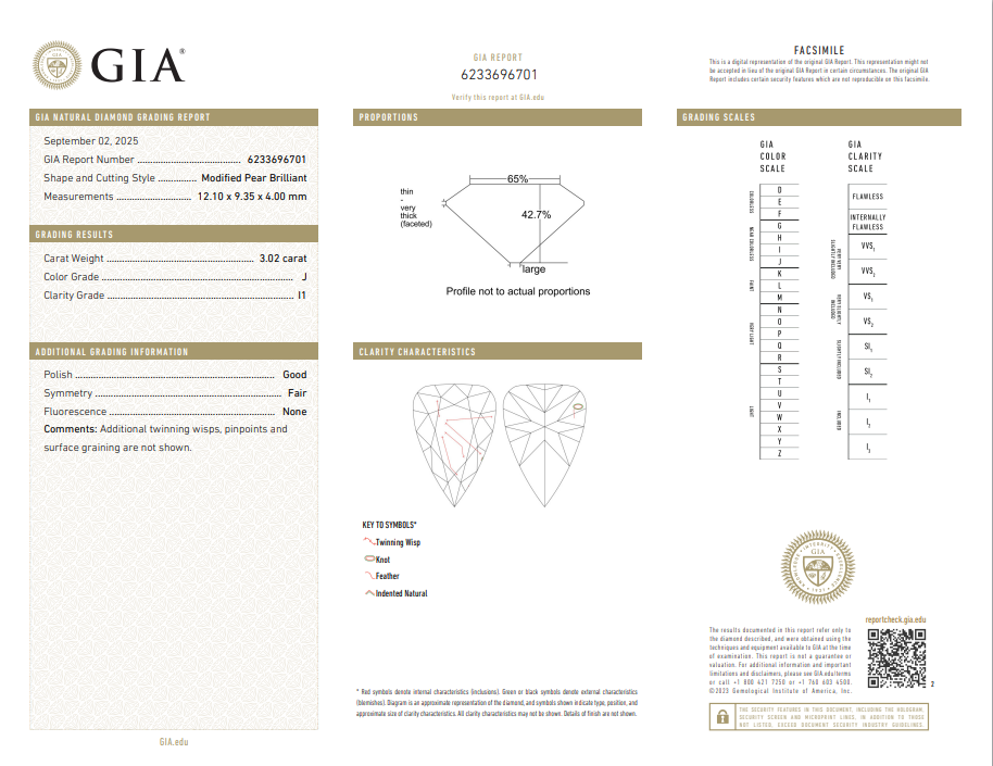GIA 3.02 CT Pear Modified Diamond, J, I1