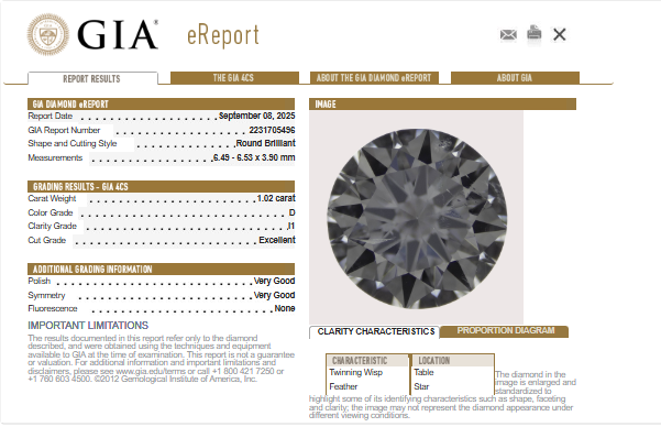 GIA 1.02 CT Natural Round Diamond, D, I1