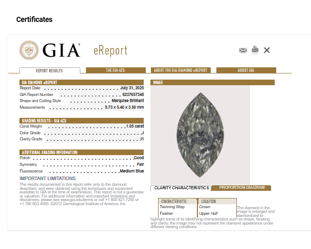 GIA 1.05 CT Natural Marquise Diamond, J, I1