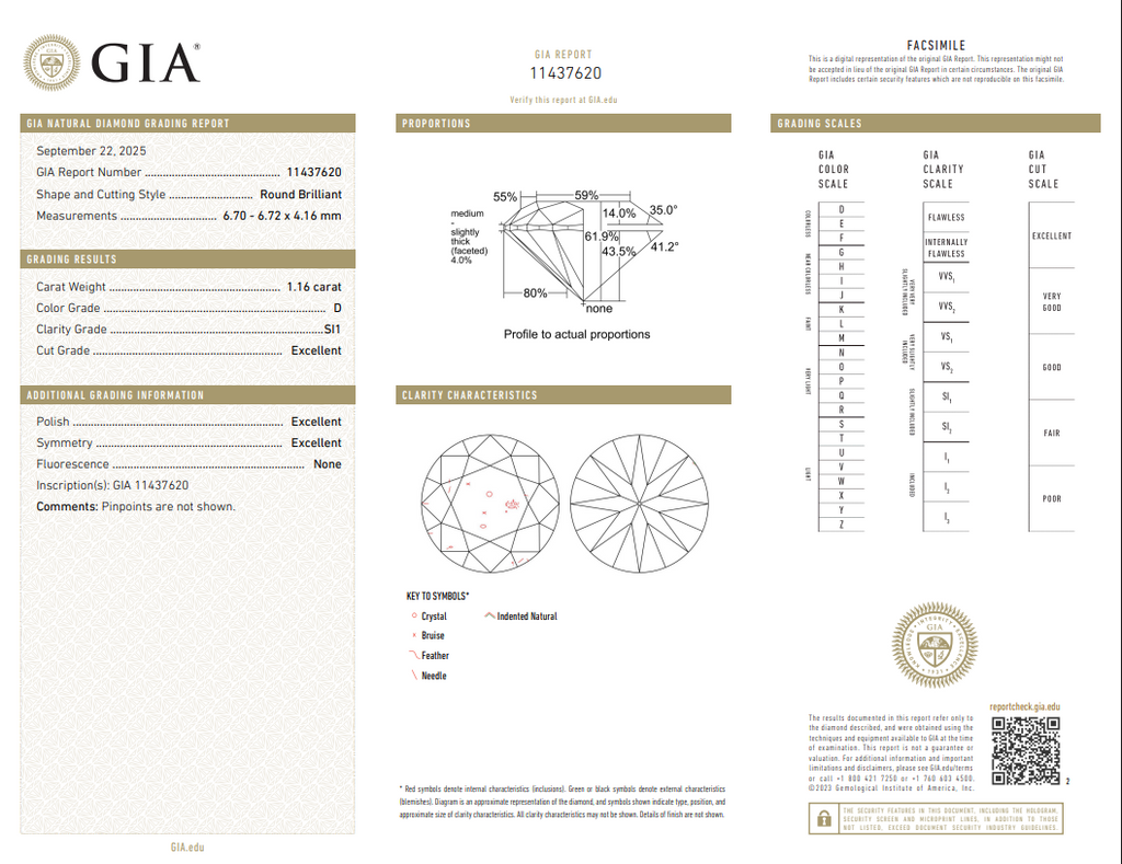 GIA 1.16 CT Natural Round Brilliant Cut D SI1 EX EX EX