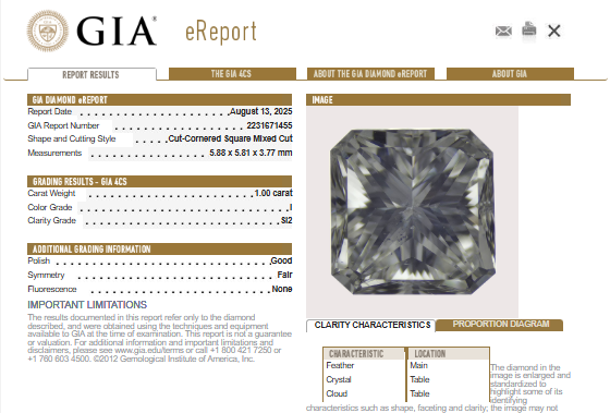 GIA 1.00 CT Natural Radiant Diamond, I, SI2