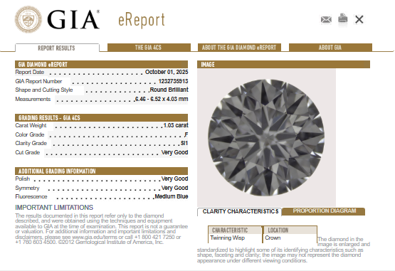 GIA Natural 1.03 CT Round Diamond, F, SI1