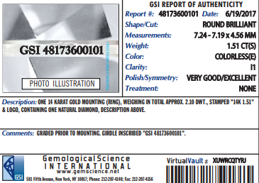 GSI 1.51 Natural Round Brilliant Cut E, I1
