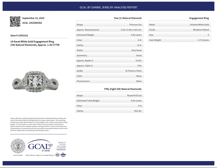 Center Stone EST 0.90 CT Natural Princess Diamond, G-H, I1-I2
