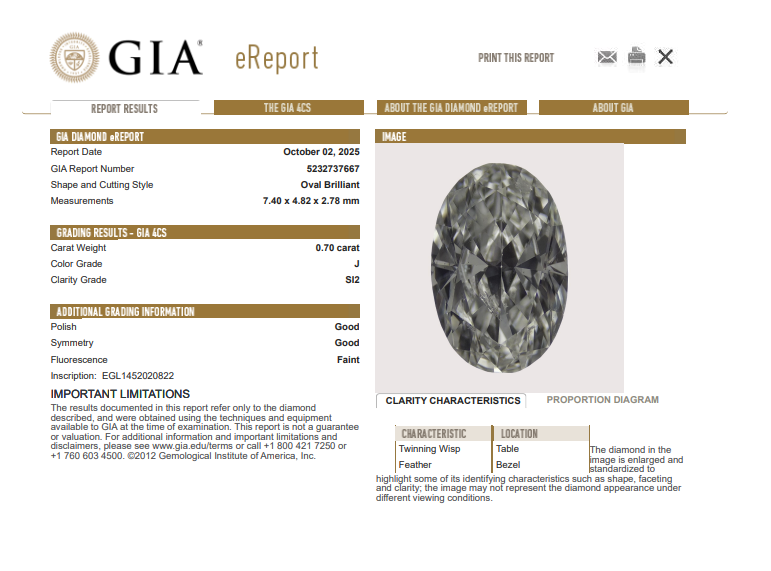 GIA 0.70 CT Natural Oval Diamond, J, SI2