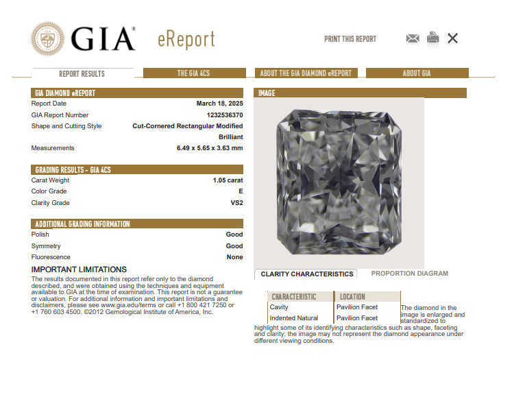 GIA 1.05 CT Natural Radiant Diamond, E, VS2